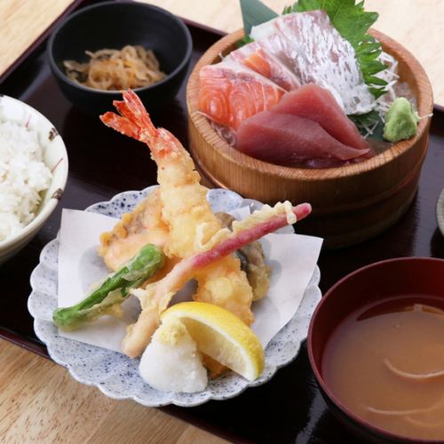 3 types of sashimi and tempura set meal