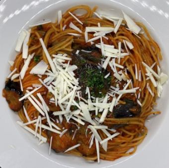 Tomato pasta with fried eggplant and ricotta salata cheese