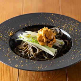 Black pasta with raw sea urchin and nori