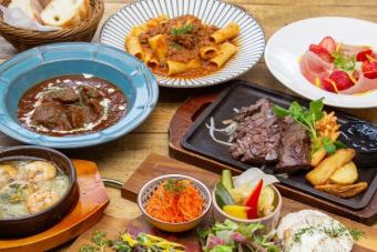 【6000円（税込）】名物鉄板国産牛ランプステーキと牛ハラミタリアータのコース★飲放90分飲付