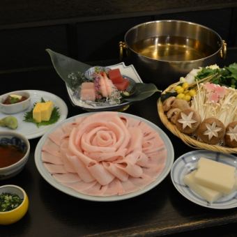 【まぐろしゃぶしゃぶ(カジキマグロ)：花コース】付出し、刺身付