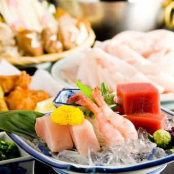 【まぐろしゃぶしゃぶ(カジキマグロ)：月コース】付出し、本まぐろ大トロ刺身付