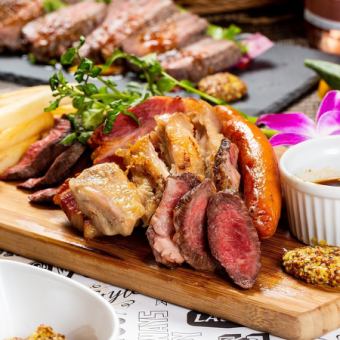3-hour all-you-can-drink included ◆ 4,480 yen <3-type steak tasting course> 10 dishes for meat lovers, including 3 types of grilled beef, pork, and chicken