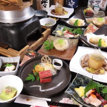 【5種人氣酒無限暢飲】<豪華懷石料理>和牛牛排、馬肉刺身拼盤等9道菜品+2小時無限暢飲7000日元