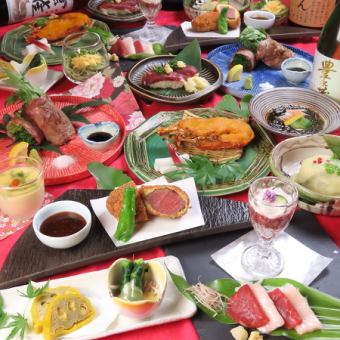 【5種酒無限暢飲】<HAJIME 嚴選懷石>馬肉刺身、龍蝦等12道菜品+2小時無限暢飲9000日元