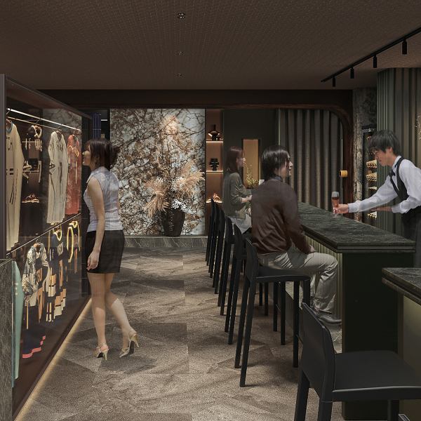 バー併設。カウンターやソファ席完備。シックな内装と照明が、大人のための上質な空間を演出し、お酒を楽しむのに最適。クラフトジンやカクテルなどの品揃えが豊富◎お気軽に立ち寄って、至福のひとときをお過ごしください。