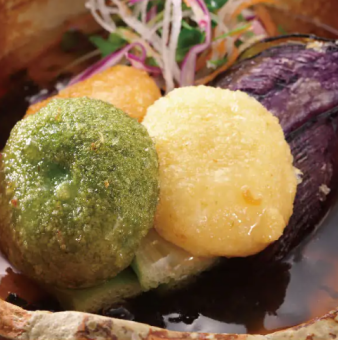 Deep-fried Mochifu and Eggplant with Suma Nori Sauce