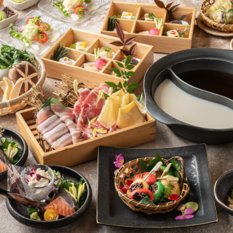 3月開始!美肌豆乳2色湯葉しゃぶ【慶コース】4,000円★クーポン利用で飲み放題付き6,000円