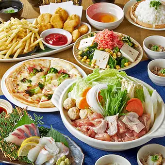 【彩の宴】地鶏つくねと若鶏の鶏白湯鍋や刺身盛合せ・揚物やピザ等8品＋2H飲み放題付4000円