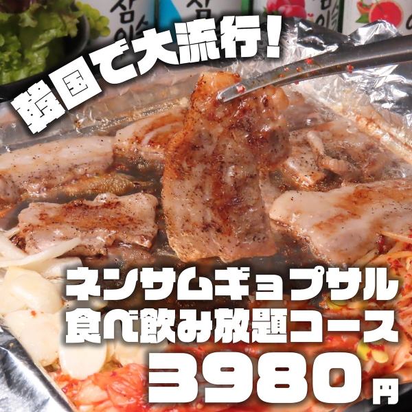 【韓国で大流行！】冷凍サムギョプサル〈ネンサム〉食べ飲み放題コース（２時間制）　3,980円