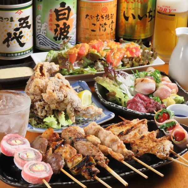 2小时无限畅饮套餐«共7项»3800日元（含税）/ 8种串烧，鸡肉tataki，鲑鱼公鸡等。