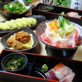 地酒10種付2H飲み放題！【瀬戸内夕〆鯛入り刺身盛合せ+豚すき焼き小鍋（1人1台）】9品⇒5500円