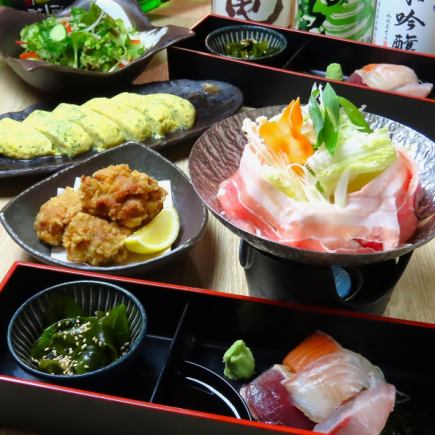 地酒10種付2H飲み放題!【瀬戸内夕〆鯛入り刺身盛合せ+豚すき焼き小鍋(1人1台)】9品⇒5500円