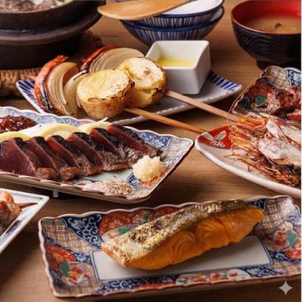 150分飲み放題 お刺身と肉魚野菜を原始焼きで楽しむコース