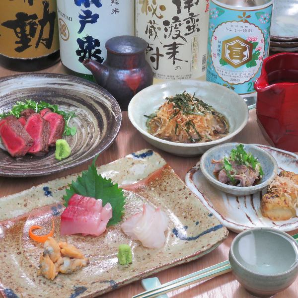 「今がそば套餐」包含5道菜，售價3,300日圓！這裡有您想要的所有食物，包括生魚片、沙拉、肉類菜餚和煮麵條。