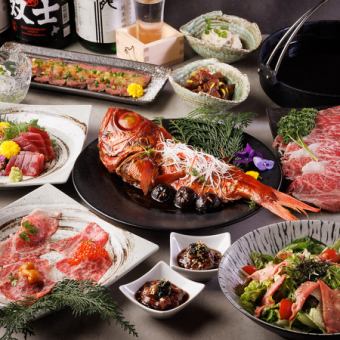 [End of the year limited / 3 hours all-you-can-drink] A5 Black Beef, Caviar, Sea Urchin, and Simmered Golden Eye Snapper etc. <Shou Course> 10,000 yen