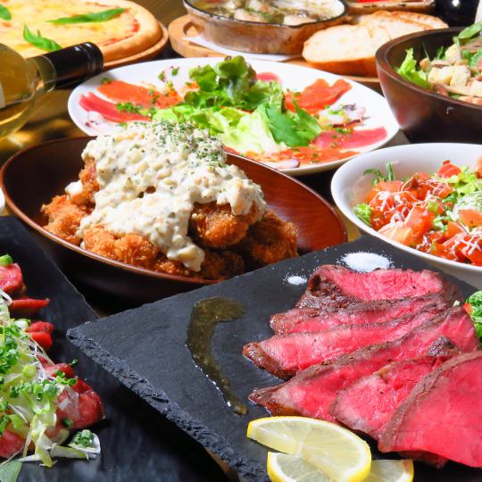 [Low-temperature-cooked Wagyu rare steak, shrimp and mushroom ajillo, mussels, etc.] 9 dishes including 2H all-you-can-drink 5,980 yen