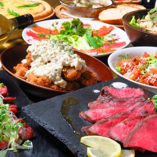 【低温調理和牛レアステーキ.エビときのこのアヒージョ.ムール貝など】 2H飲み放題付9品6000円
