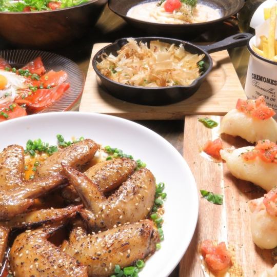 [Homemade sweet and spicy chicken wings, pork bone udon with chili oil, etc.] 7-course meal for 4,500 yen with 2 hours of all-you-can-drink