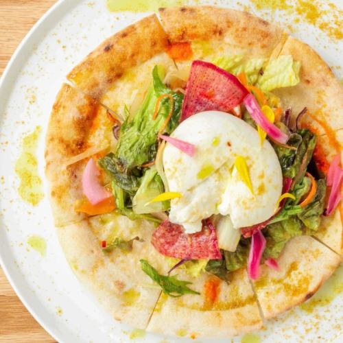 Burrata cheese and fermented vegetable salad pizza with karasumi sauce