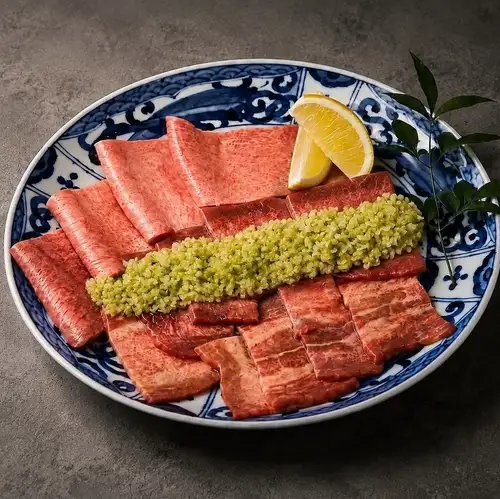 Premium Beef Tongue Platter: A selection of premium tender beef tongue (salted), beef tongue with green onions, and beef tongue trimmings.