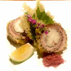 Deep-fried Pacific saury wrapped in plum, shiso and yam