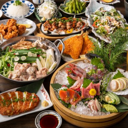 牛もつ鍋と鮮魚と馬刺し盛りでワンランク上【極コース】全11品 2時間飲み放題付5800円
