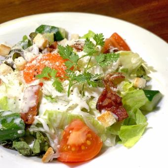 Korean-style Caesar salad with dry-cured ham and soft-boiled egg