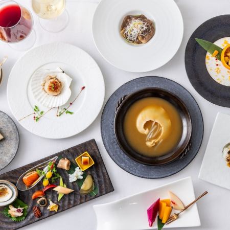 < 雅秋コース>国産吉切鮫フカヒレ姿煮・国産鮑煮トリュフソース・黒毛和牛湯引きなど豪華全9皿