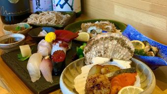 【時令精緻海鮮套餐+壽司】7道菜合計4,000日圓（無限暢飲另加2,500日圓120分鐘）