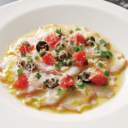Octopus carpaccio with yuzu pepper dressing