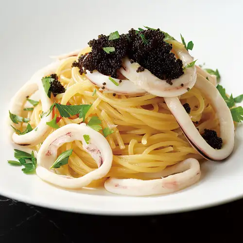Black flying fish roe and calamari peperoncino