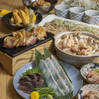 大分直送カボス平目のてっさと冠地鶏を堪能できる定番コース！飲み放題付★獺祭純米大吟醸もOK