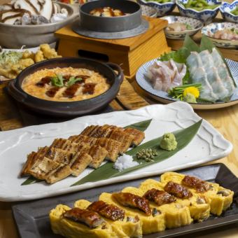 カボス平目とクエのお造り、鰻の白焼き、鰻の卵とじ、鰻釜飯等♪「鰻」を堪能飲放付☆季節コース