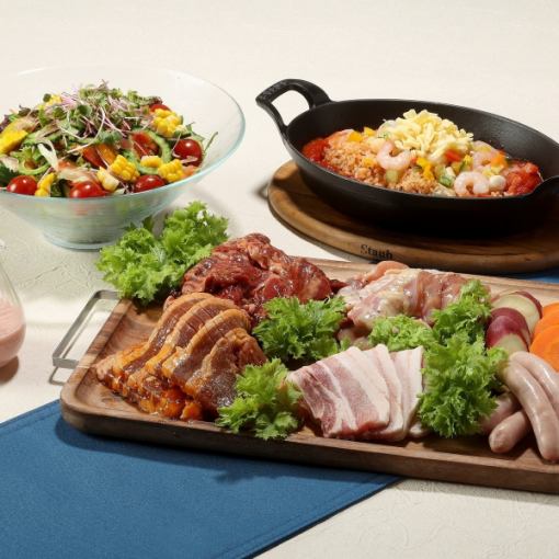 90分フリーフロー付き カジュアルBBQ 魚介のガーリックライス、BBQなど