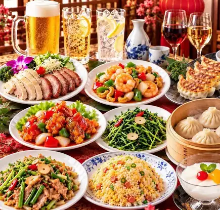 2-hour all-you-can-drink included! A 9-course meal featuring popular dishes like xiao long bao and stir-fried shrimp and cashews for ¥4,200.
