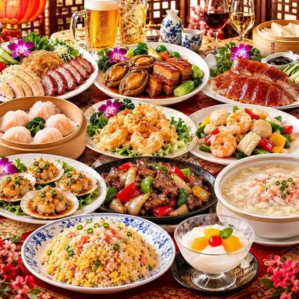 A luxurious course meal including abalone, Peking duck, and scallops, with 2 hours and 30 minutes of all-you-can-drink, for 6200 yen.