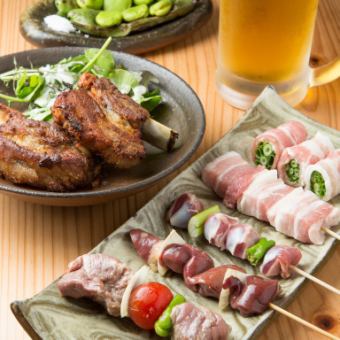 Most popular ♪ 2 hours [all-you-can-drink] total of 13 dishes "6 kinds of skewers course with wagyu beef sagari" → 5000 yen course