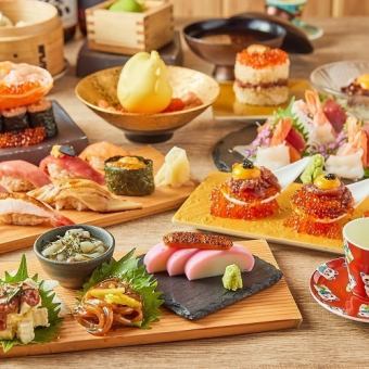 「迎宾班车套餐」包括著名的虾蟹大战在内的 3 种特别选择和 2 小时无限畅饮 11 种菜肴 7,000 日元 ⇒ 6,000 日元套餐