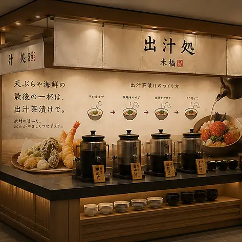店内には、料理に合わせて楽しめる無料の出汁バーをご用意。（一部対象外の商品がございます）