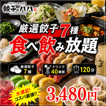 All-you-can-eat and all-you-can-drink course featuring 7 types of carefully selected dumplings: 3480 yen (tax included)