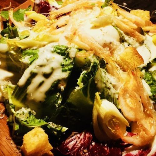 Caesar salad with freshly fried white shrimp from Toyama Bay