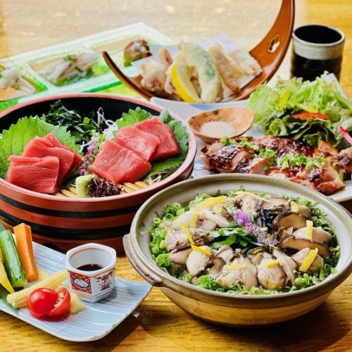 鮮魚懷石包括特製牡蠣鍋飯和5塊玉手箱[金山~金山~]全11道菜，包括2小時無限暢飲5,000日元