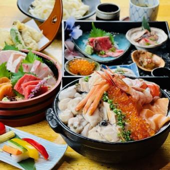 Luxurious! Seafood gout hot pot with oysters and red bean liver & 5 pieces of sashimi, very satisfying ♪ [Sado Kanayama] 3 hours all-you-can-drink included, 14 dishes total for 7,000 yen