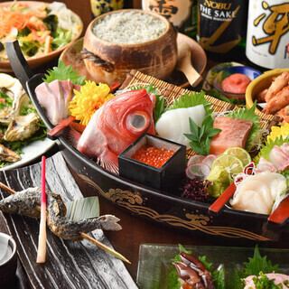 【週末も3H飲放】お刺身5種舟盛り生牡蠣、虹鱒の佐渡塩焼き付き【大漁】コース全10品6000円税込