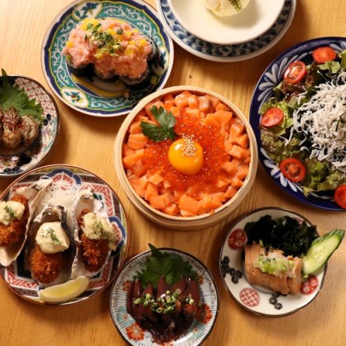 【3h飲放】名物あてまきやサーモンとイクラのせいろ飯が楽しめる飲放題付全8品 5,000円税込