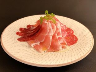 Assortment of raw ham and salami