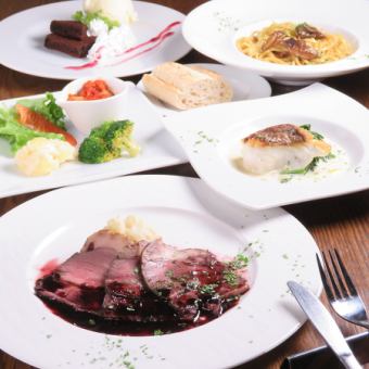 晚餐方案4,400日元，可选择主菜（伊比利亚猪排或红鲷鱼）！