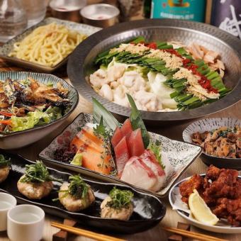 【含3小時暢飲】「光」九道菜套餐,包括生牛牛肉火鍋和刺身、岩鹽烤大蝦、炭烤當地雞肉。 5,890日圓 ⇒ 5,000日圓