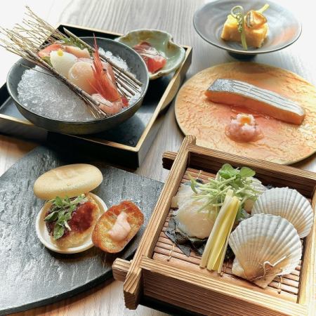 5月限定【魚吉海鮮套餐5,000日圓】生魚片8件、蝦夷鮑魚、炸芝麻豆腐等7道菜/個人拼盤